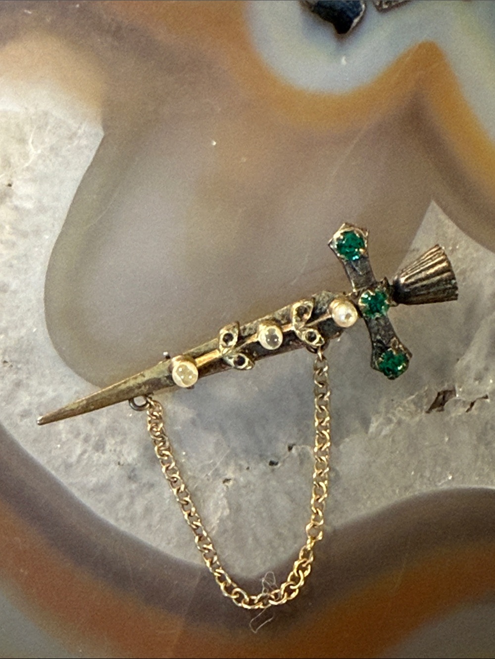 Vintage Dagger Brooch with Green rhinestones & faux pearls